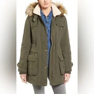 Halogen Olive Utility Jacket with Faux Fur Hood